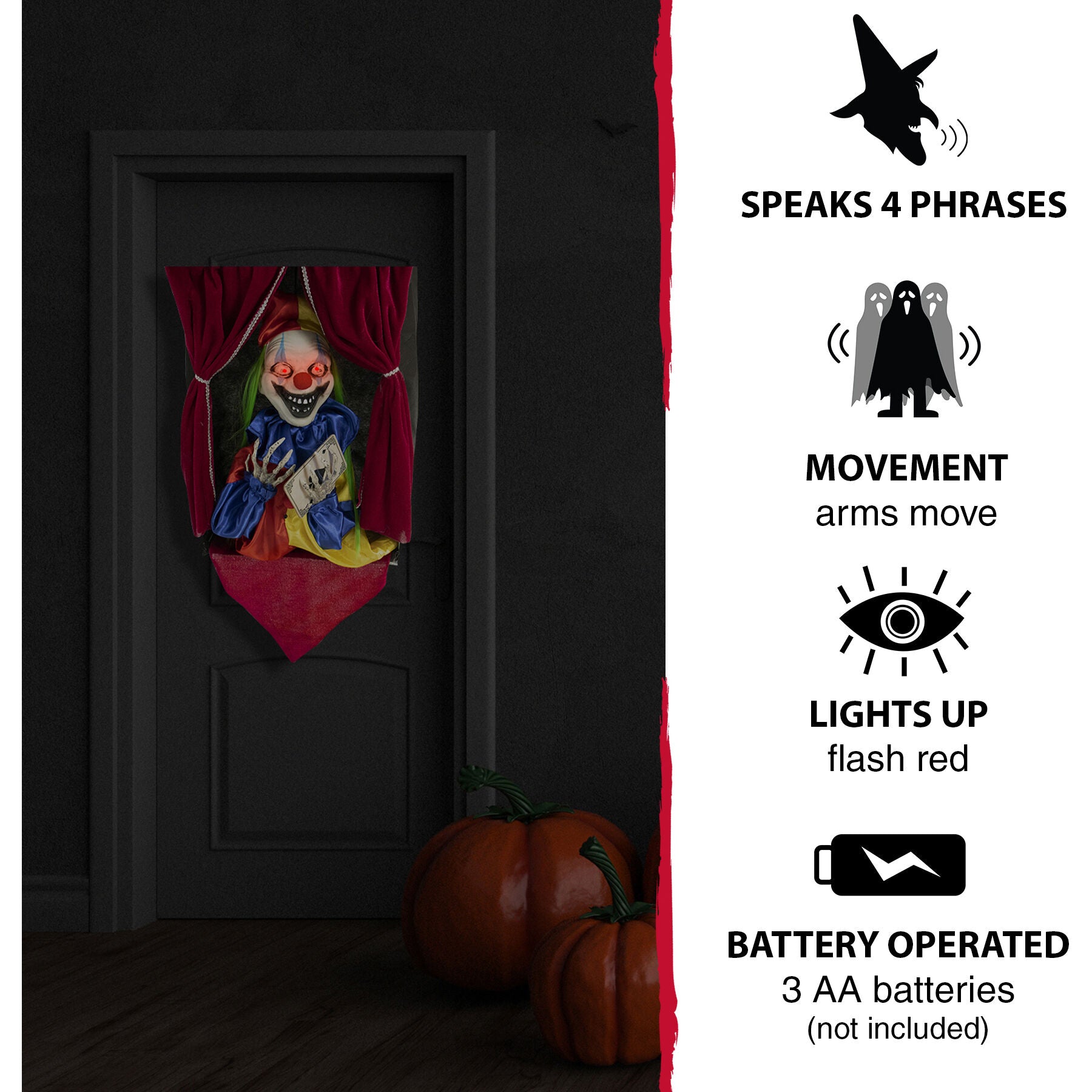 Haunted Hill Farm -  Joker the Talking Clown, Hanging Halloween Decoration, Indoor or Covered Outdoor Display, Red LED Eyes