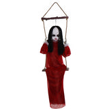 Haunted Hill Farm - Giggling Zombie Girl on a Swing with Colorful Light-Up Body and Eyes for Scary Hanging Halloween Decoration