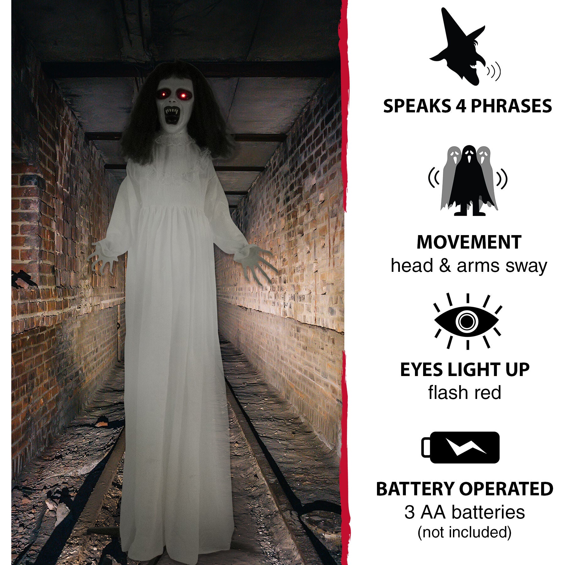 Haunted Hill Farm -  Life-Size Animatronic Bride, Indoor/Outdoor Halloween Decoration, Flashing Red Eyes, Poseable