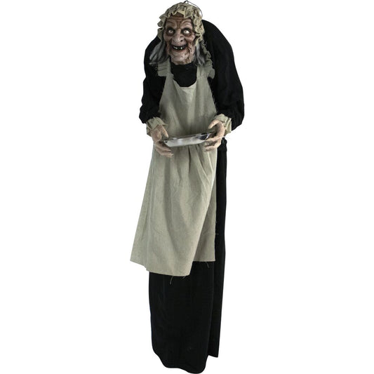 Haunted Hill Farm -  Life-Size Animatronic Zombie Maid, Indoor/Outdoor Halloween Decoration, Flashing Red Eyes, Moving