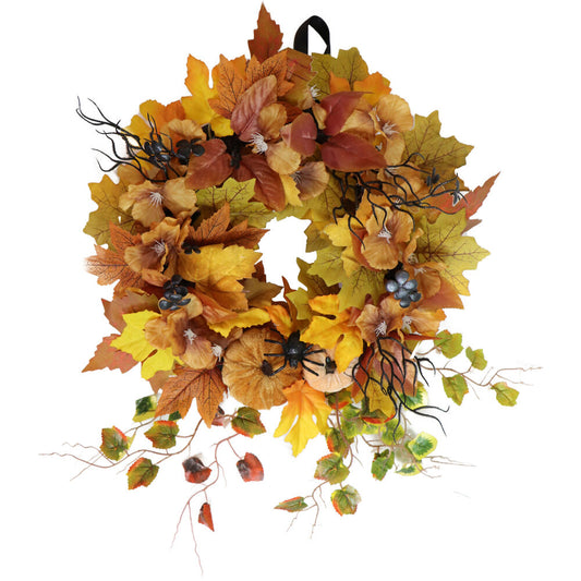 Haunted Hill Farm -  Festive Harvest Wreath with Fall Leaves, Mini Pumpkins, and a Creepy Spider for Autumn and Halloween Hanging Decoration
