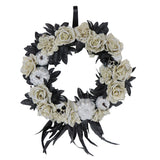 Haunted Hill Farm -  15-In. Halloween Black and Silver Floral Wreath with Glitter Pumpkins and Skulls for Haunted House Hanging Decoration