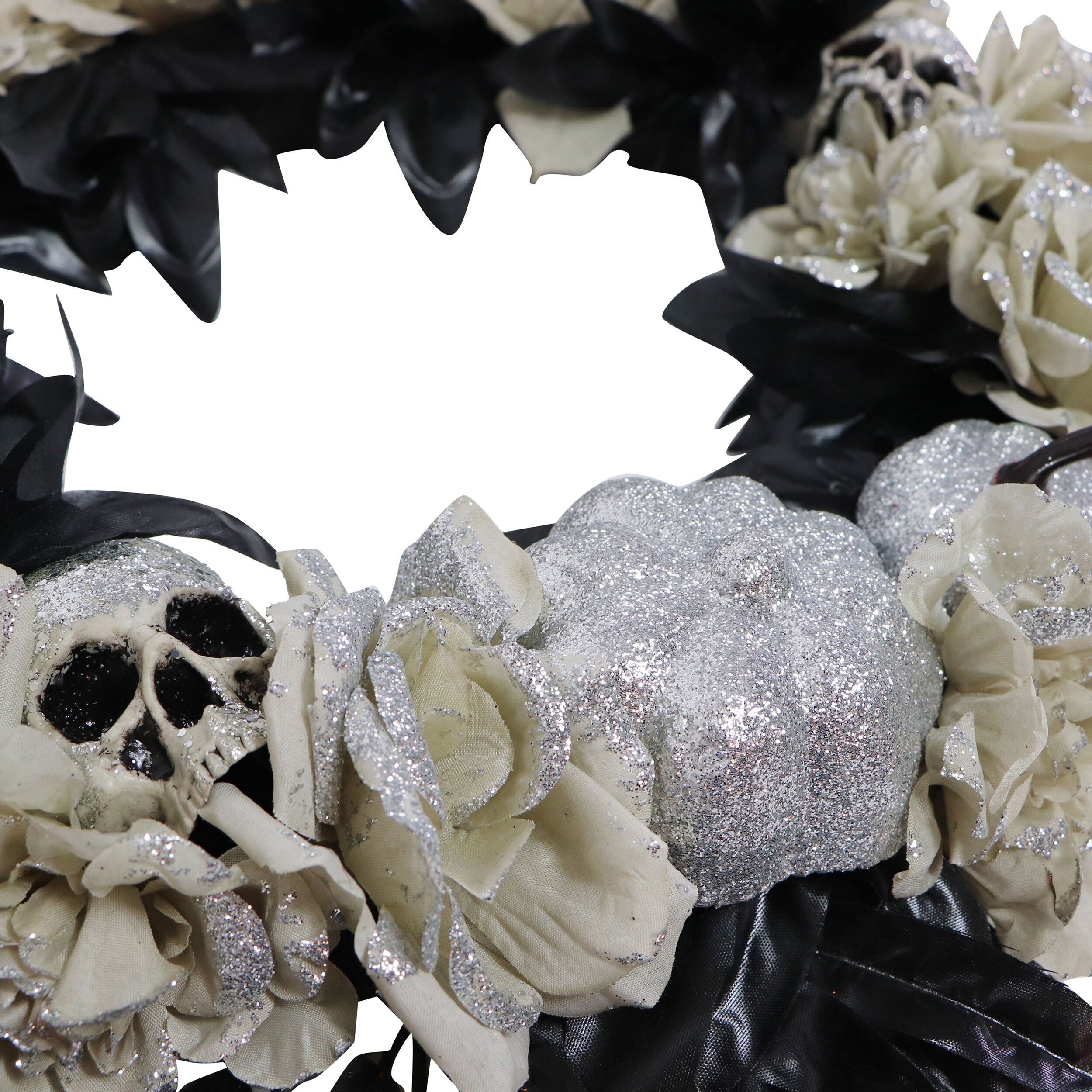Haunted Hill Farm -  15-In. Halloween Black and Silver Floral Wreath with Glitter Pumpkins and Skulls for Haunted House Hanging Decoration