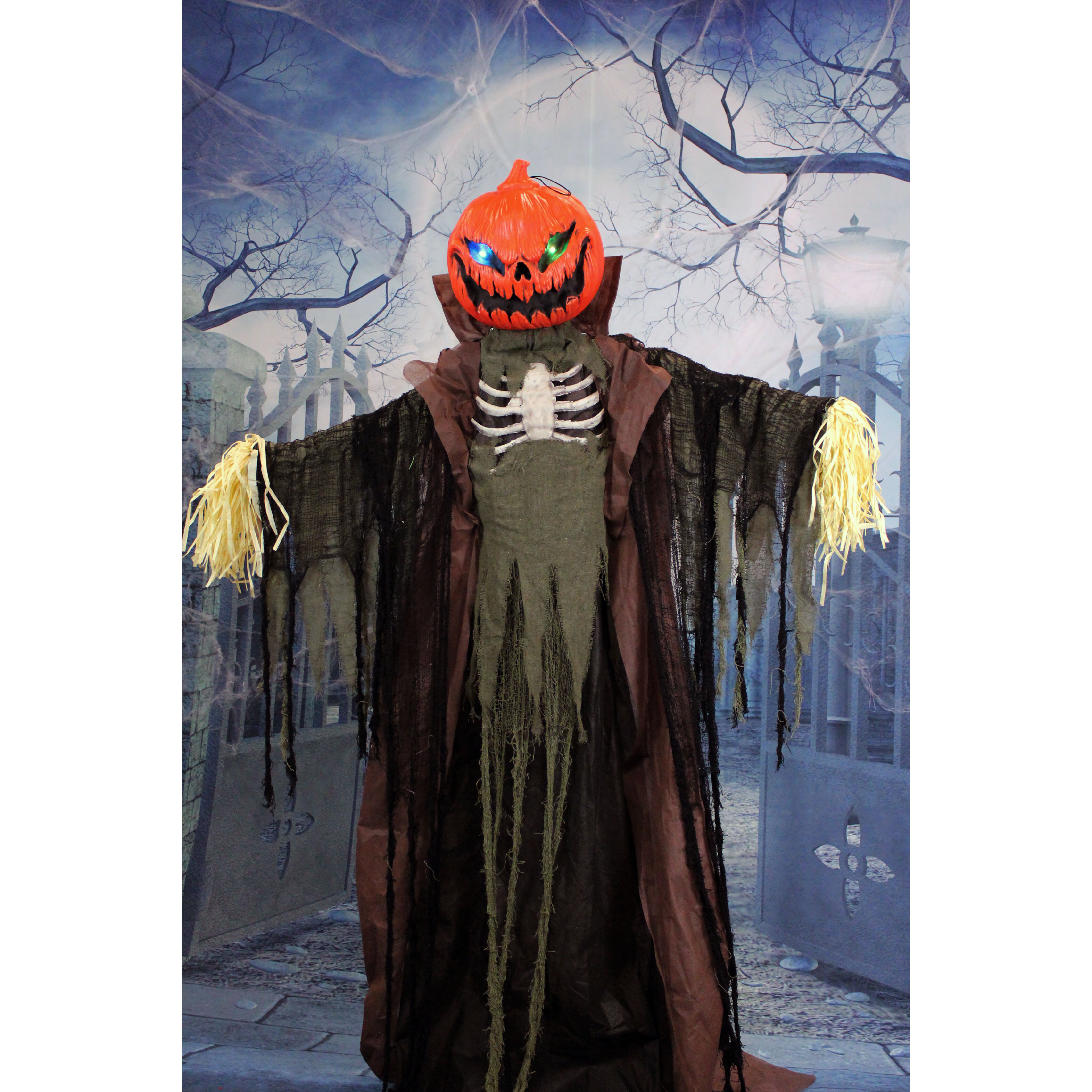 Haunted Hill Farm -  Life-Size Animatronic Scarecrow, Indoor/Outdoor Halloween Decoration, Flashing Colorful Eyes, Poseable