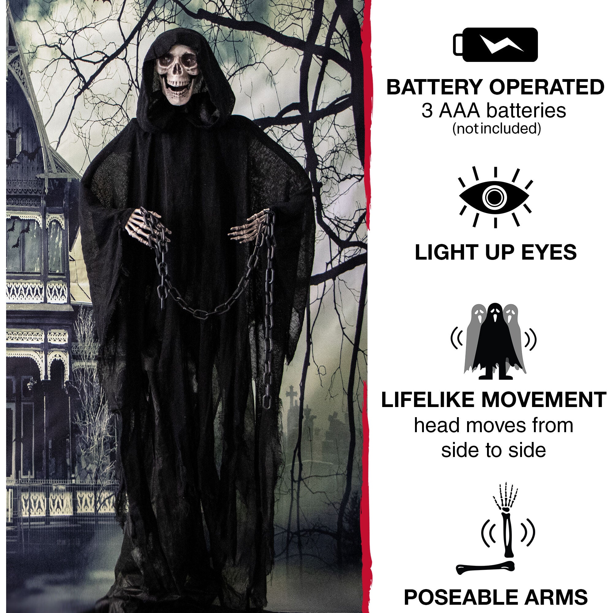 Haunted Hill Farm -  Shackles the Grim Reaper with Chain and Rotating Head, Indoor or Covered Outdoor Halloween Decoration