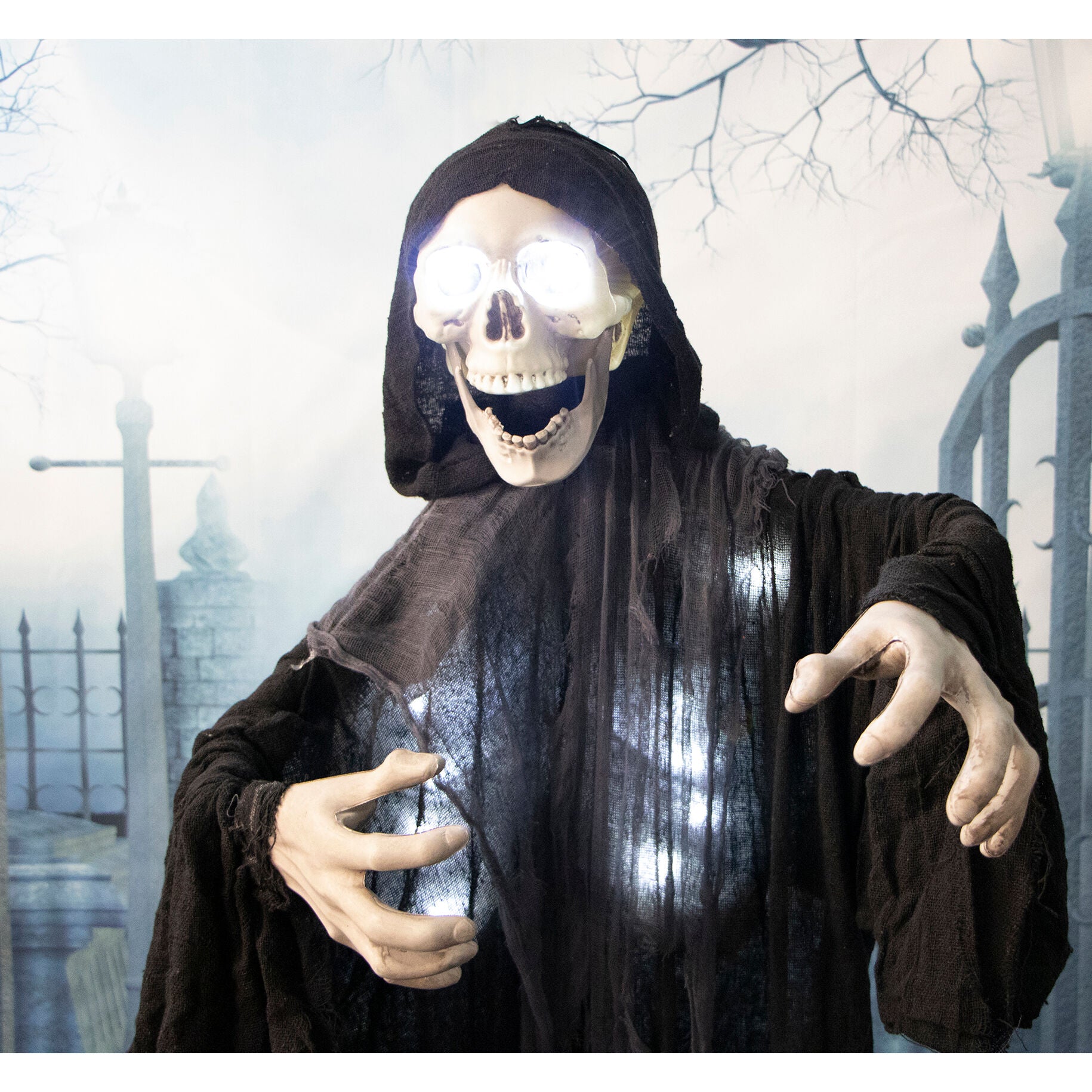 Haunted Hill Farm -  Cage the Laughing Grim Reaper with Flashing Eyes and Ribs, Indoor or Covered Outdoor Halloween Decoration