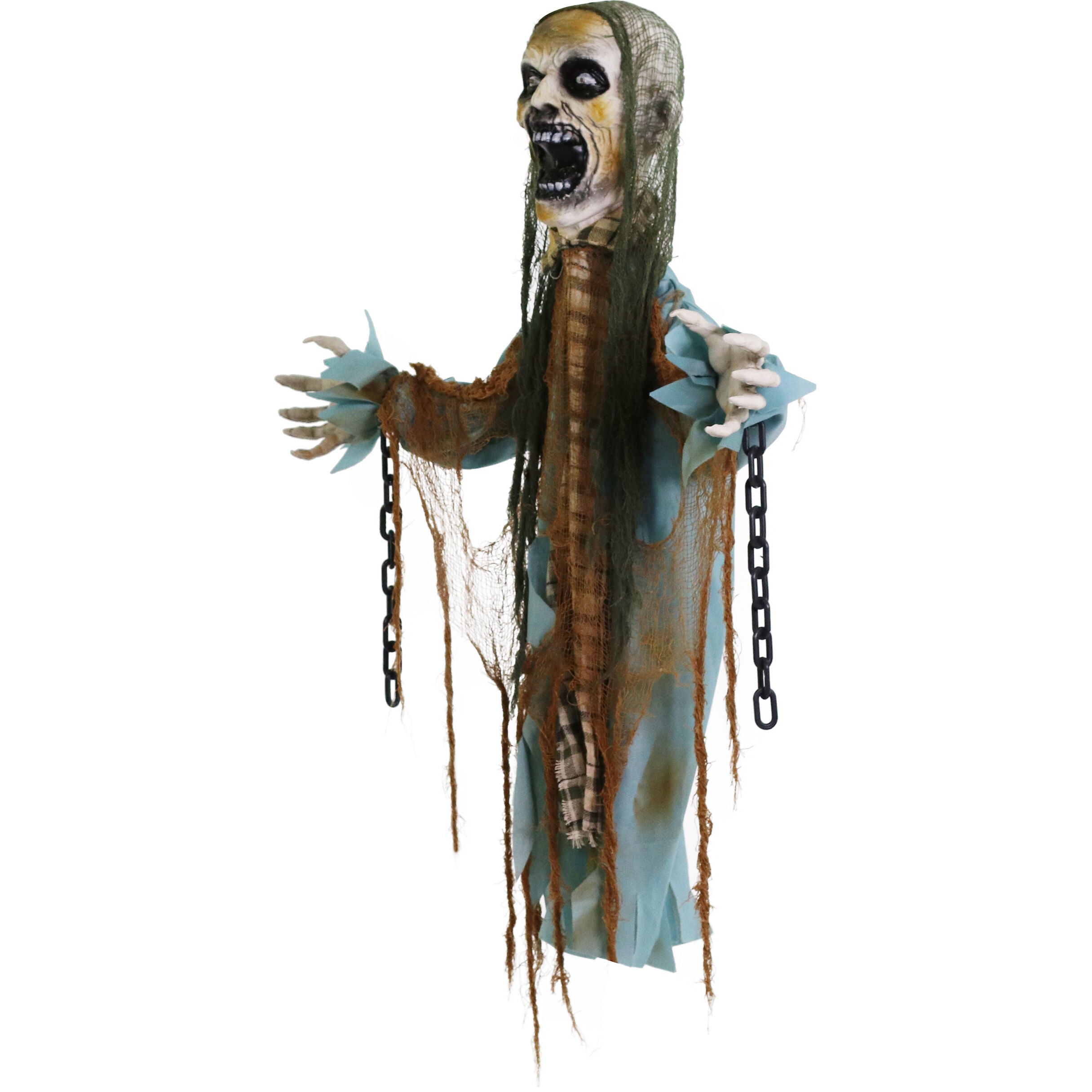Haunted Hill Farm - Animatronic Twisting Zombie in Chains with Backdrop and Folding Door Hook for Scary Halloween Decoration