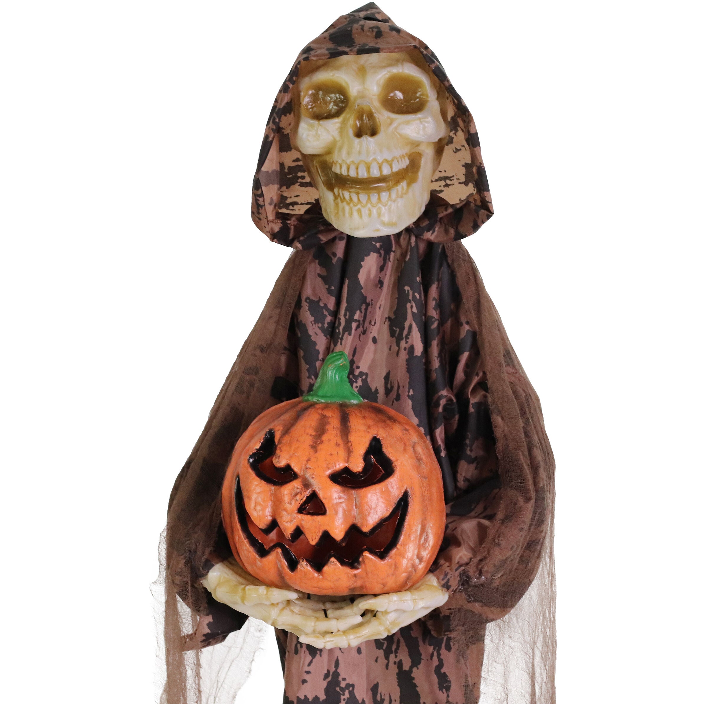 Haunted Hill Farm - Skeleton Greeter with Light-Up Pumpkin and 8 Lighting Effects with Timer for Scary Halloween Decoration