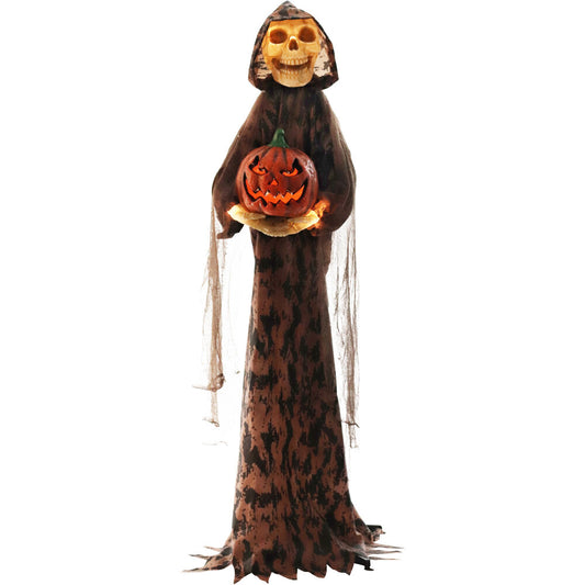 Haunted Hill Farm - Skeleton Greeter with Light-Up Pumpkin and 8 Lighting Effects with Timer for Scary Halloween Decoration