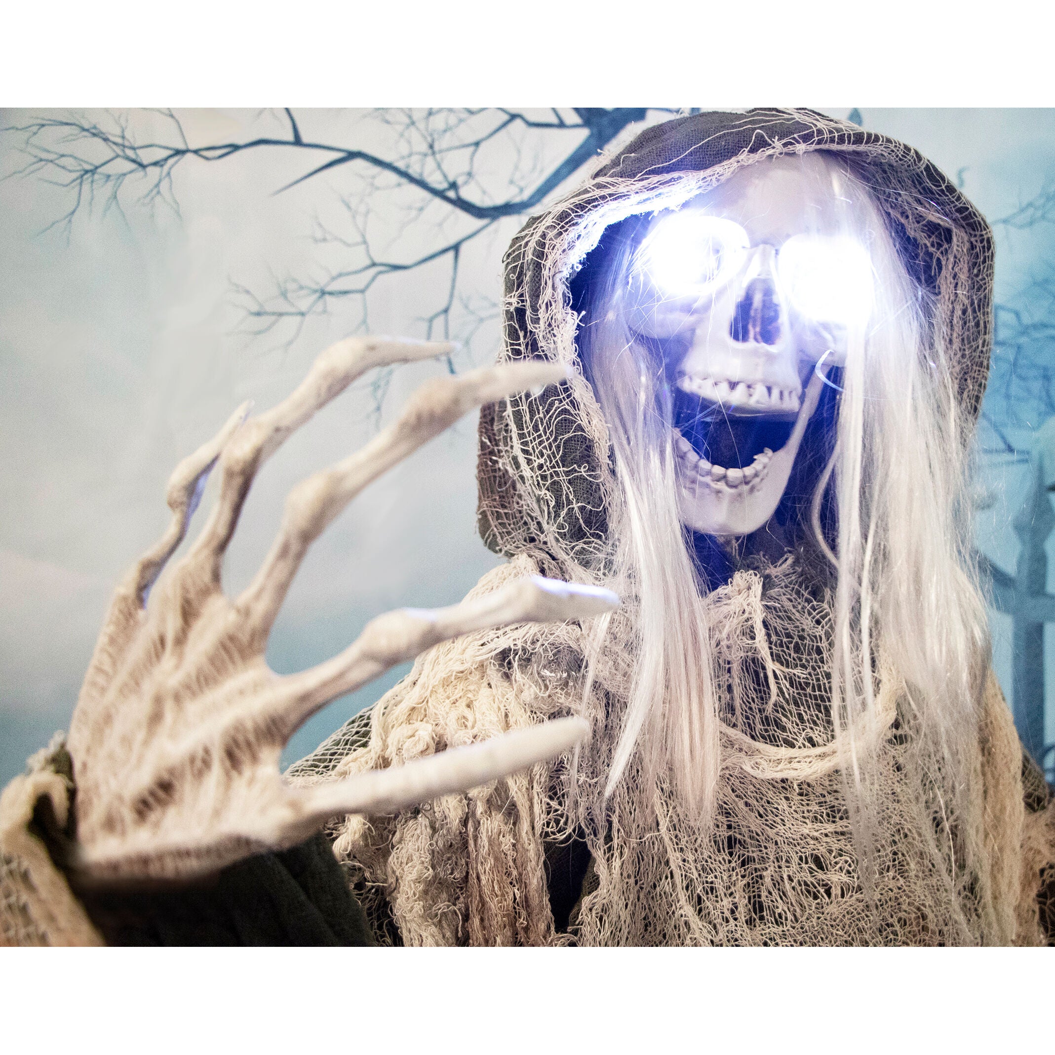 Haunted Hill Farm -  Mortia the Moaning Skeleton with Rotating Head, Indoor or Covered Outdoor Halloween Decoration