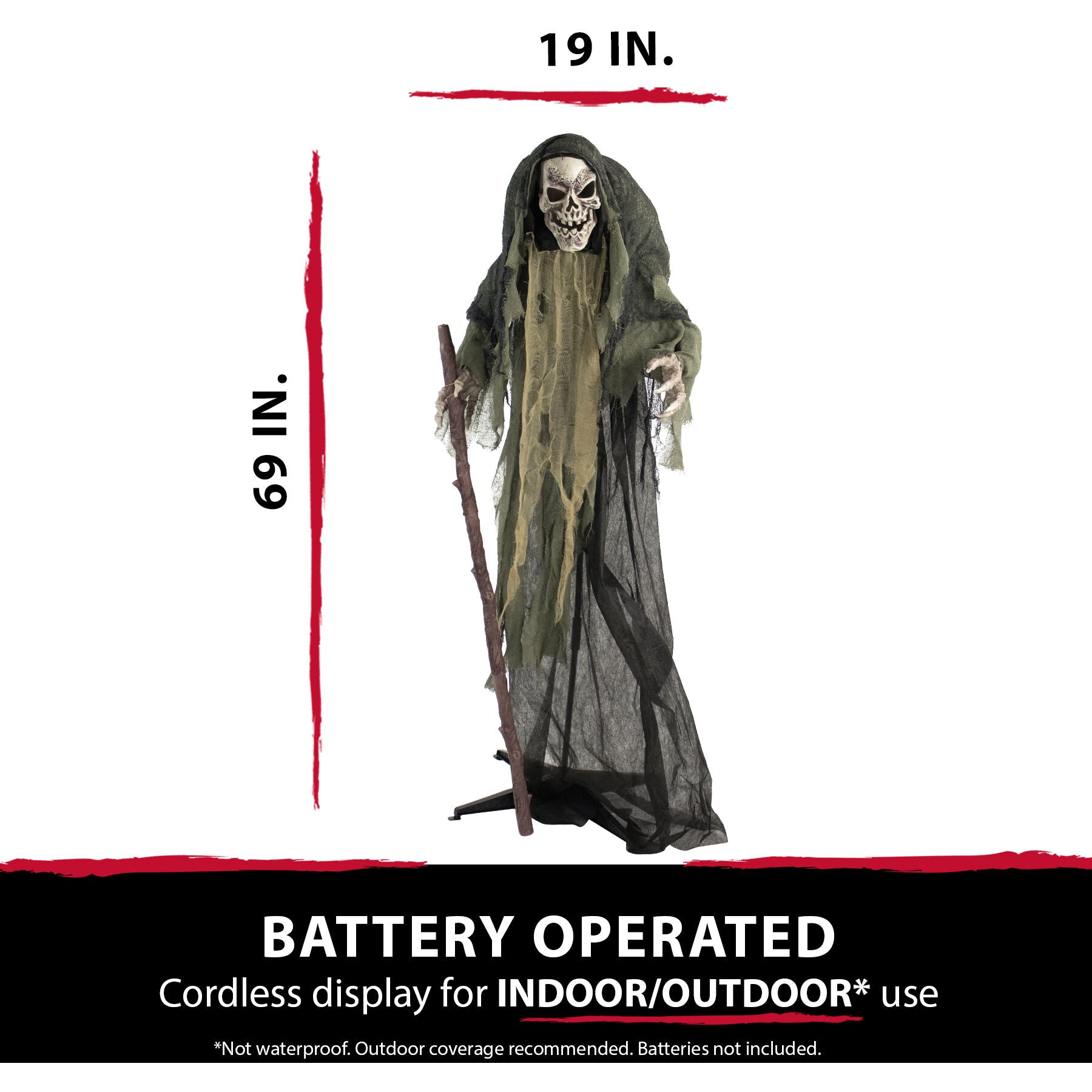 Haunted Hill Farm -  Life-Size Animatronic Reaper Indoor/Outdoor Halloween Decoration, Flashing Red Eyes, Poseable