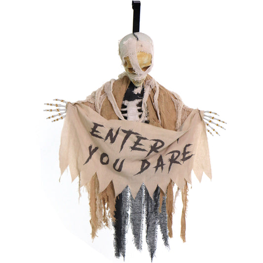 Haunted Hill Farm - Animatronic Skeleton Mummy Greeter with Banner and Folding Door Hook for Scary Halloween Decoration