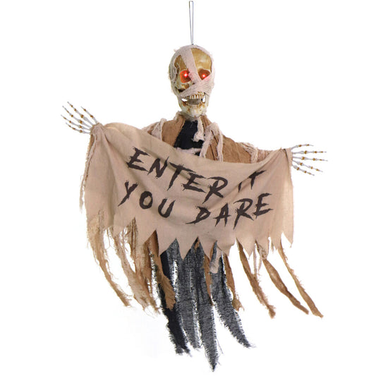 Haunted Hill Farm - Animatronic Skeleton Mummy Greeter with Banner and Folding Door Hook for Scary Halloween Decoration