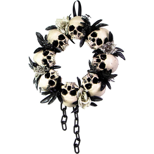 Haunted Hill Farm -  15.7-In. Skulls and Chains Wreath, Halloween Door or Wall Decoration, White-Black-Gray