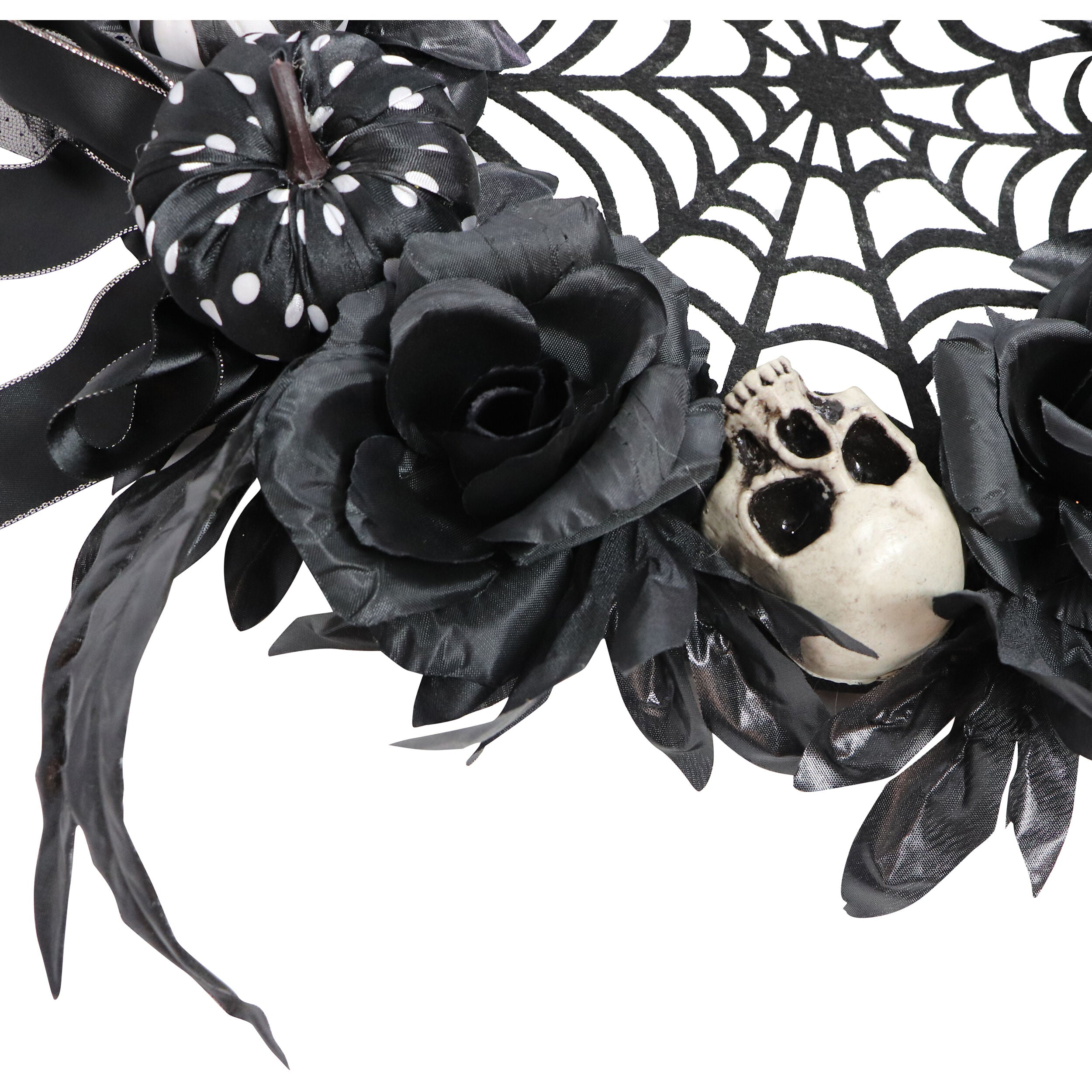 Haunted Hill Farm -  15-In. Halloween Black and White Floral Wreath with Pumpkins, Skulls, and Spiderweb for Haunted House Hanging Decoration