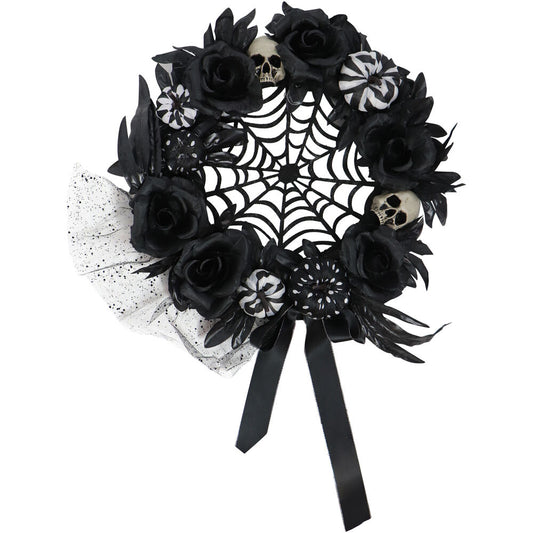 Haunted Hill Farm -  15-In. Halloween Black and White Floral Wreath with Pumpkins, Skulls, and Spiderweb for Haunted House Hanging Decoration