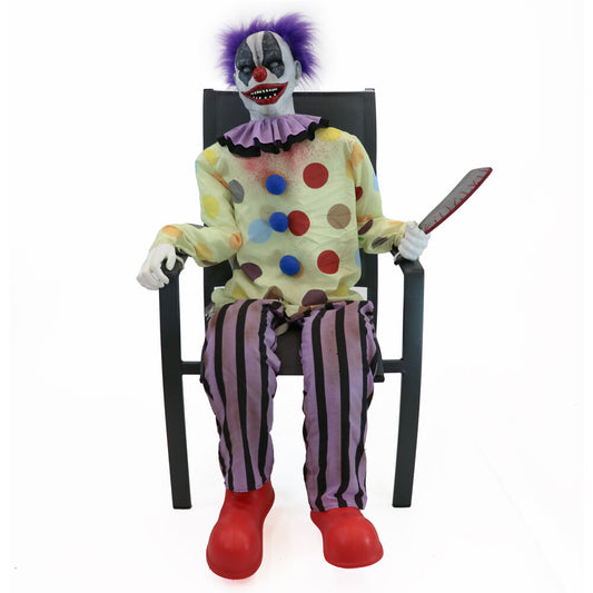 Haunted Hill Farm -  Stanley the Thrashing Clown with a Meat Cleaver by Tekky, Sitting Premium Halloween Animatronic, Plug-In or Battery