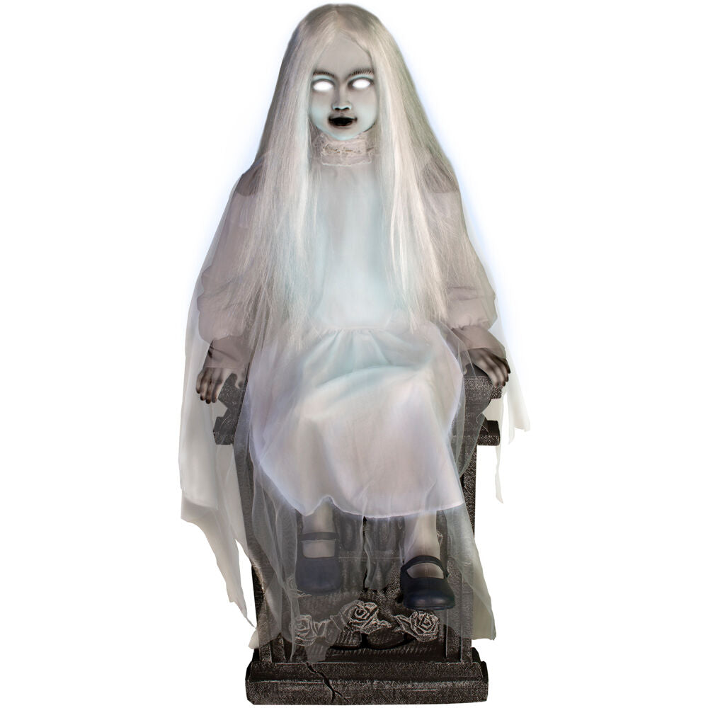 Haunted Hill Farm - Motion-Activated Sitting Tombstone Girl by Tekky, Premium Talking Halloween Animatronic, Plug-In or Battery