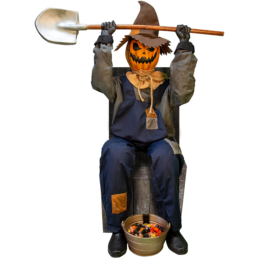 Haunted Hill Farm - Motion Activated Smiling Jack the Sitting Scarecrow by Tekky, Premium Talking Halloween Animatronic, Plug-In or Battery