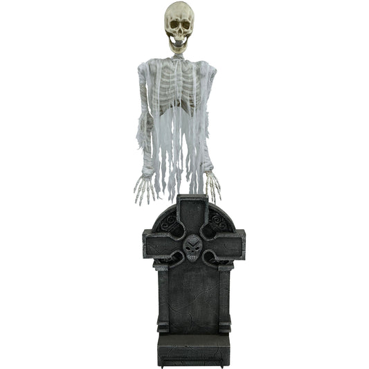 Haunted Hill Farm - Motion-Activated Floating Skeleton Ghost Over Tombstone by Tekky, Premium Halloween Animatronic, Battery Operated