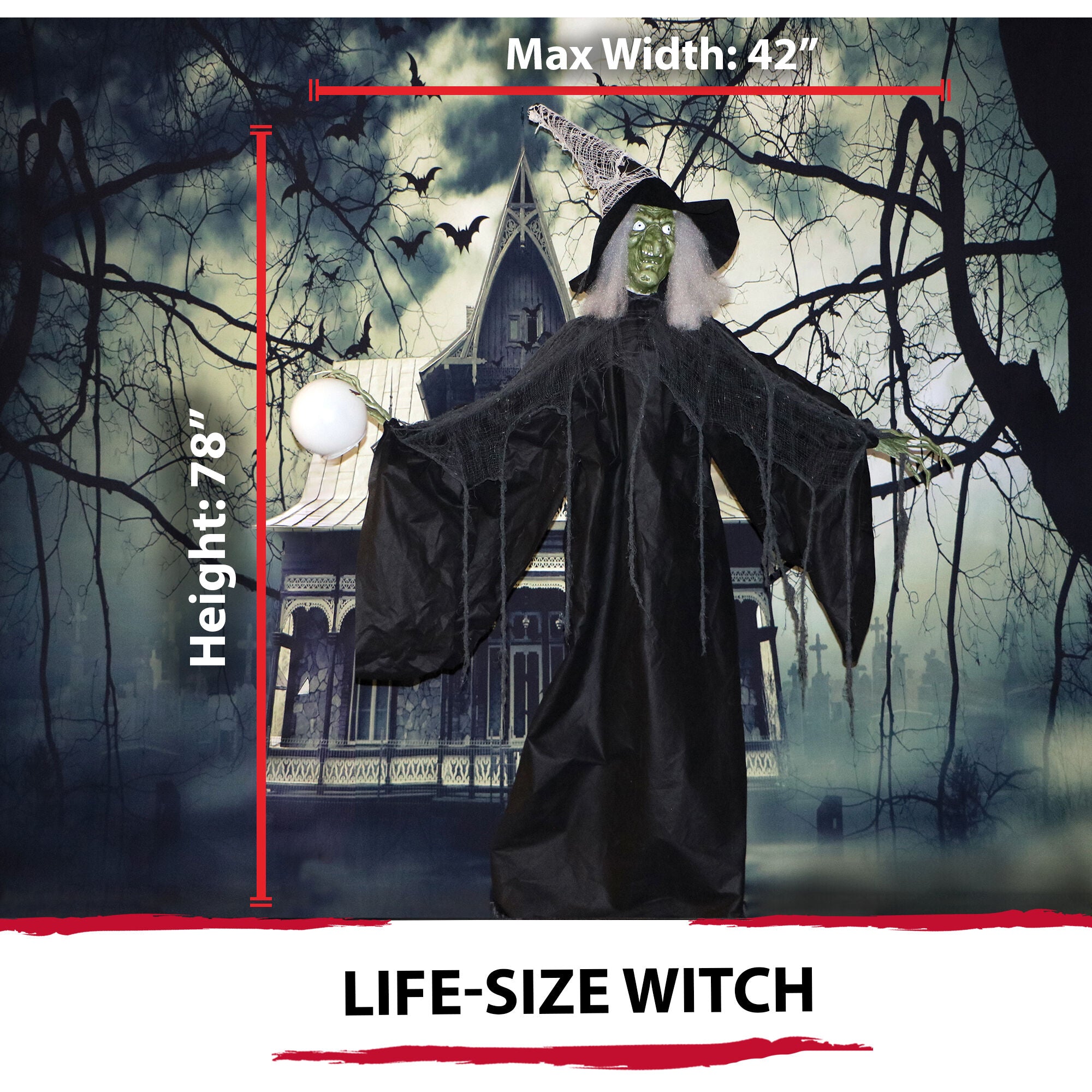 Haunted Hill Farm -  78-In. Desdemona the Wicked Witch with LED Crystal Ball, Indoor or Covered Outdoor Halloween Decoration