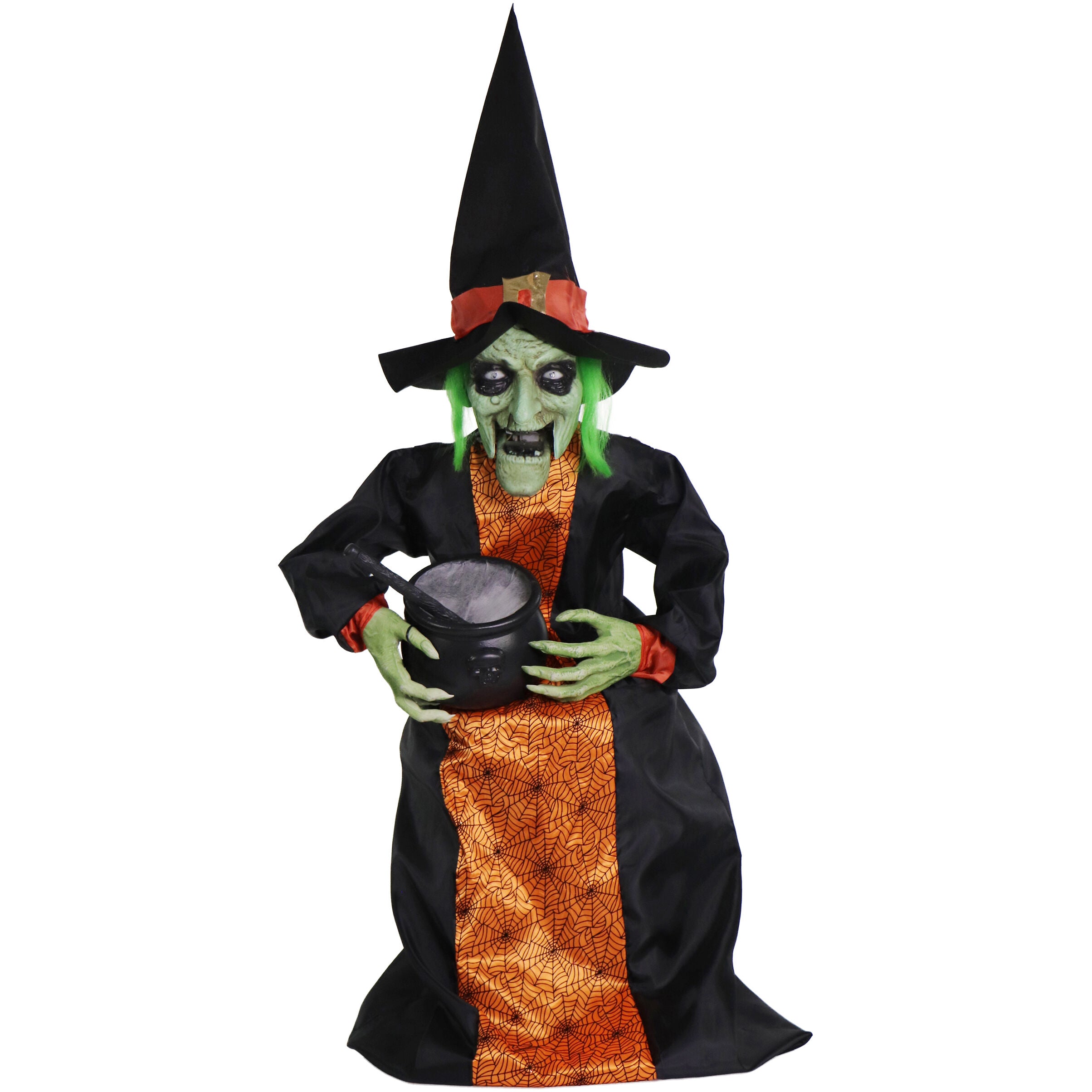 Haunted Hill Farm - Animatronic Sitting Talking Witch with Moving Mouth and Light-Up Mini Cauldron for Halloween Decoration