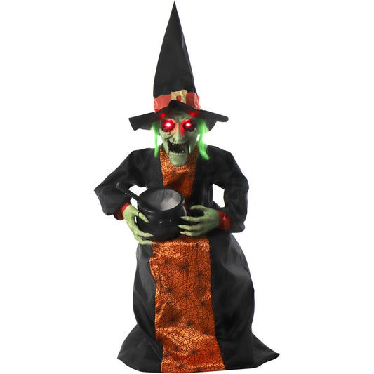 Haunted Hill Farm - Animatronic Sitting Talking Witch with Moving Mouth and Light-Up Mini Cauldron for Halloween Decoration