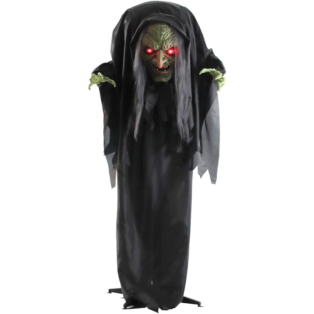Haunted Hill Farm -  Petra the Gray Animatronic Talking Hunchback Witch with Movement and Lights for Scary Halloween Decoration