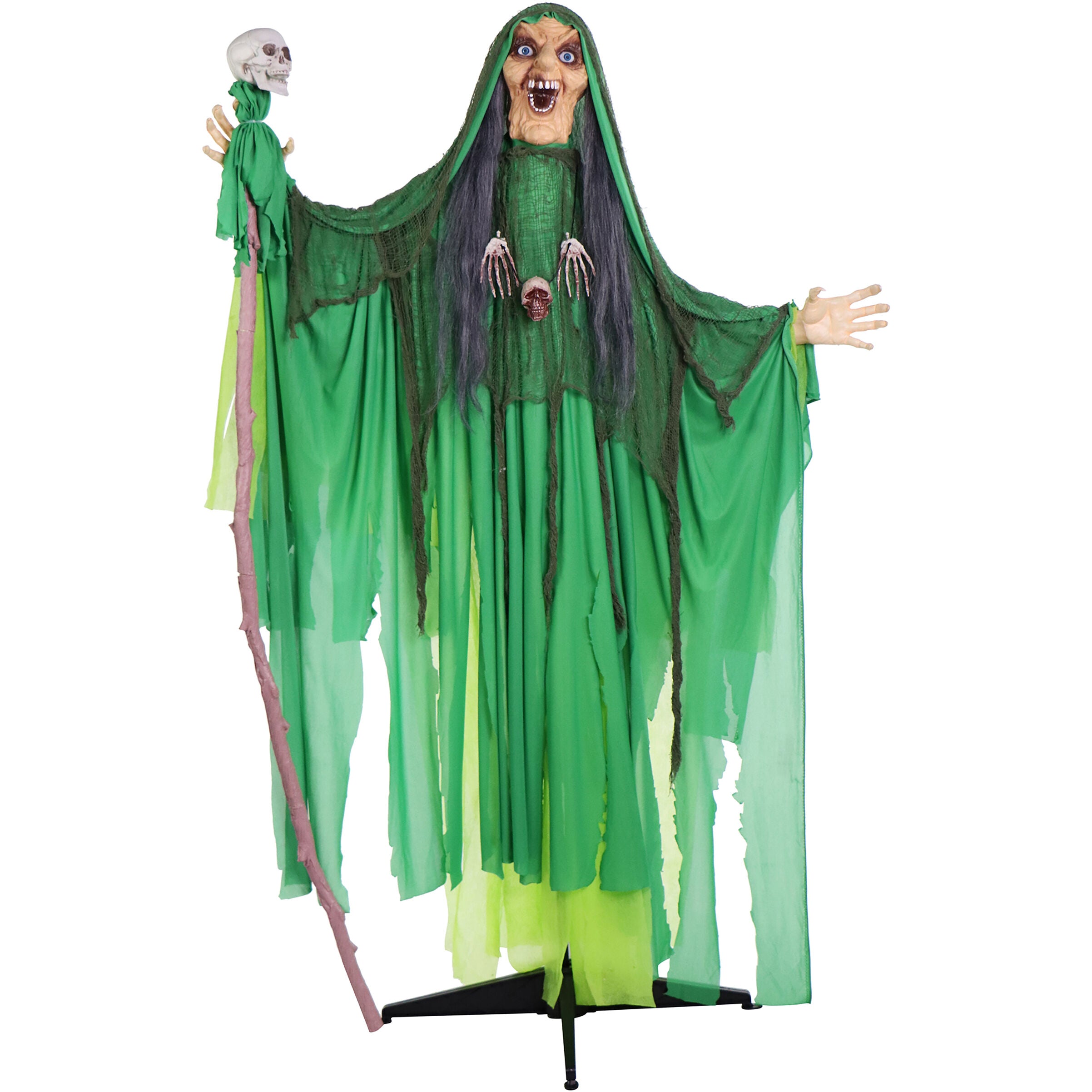 Haunted Hill Farm - Animatronic Shaking, Talking Voodoo Swamp Witch with Shrunken Skull Staff for Scary Halloween Decoration