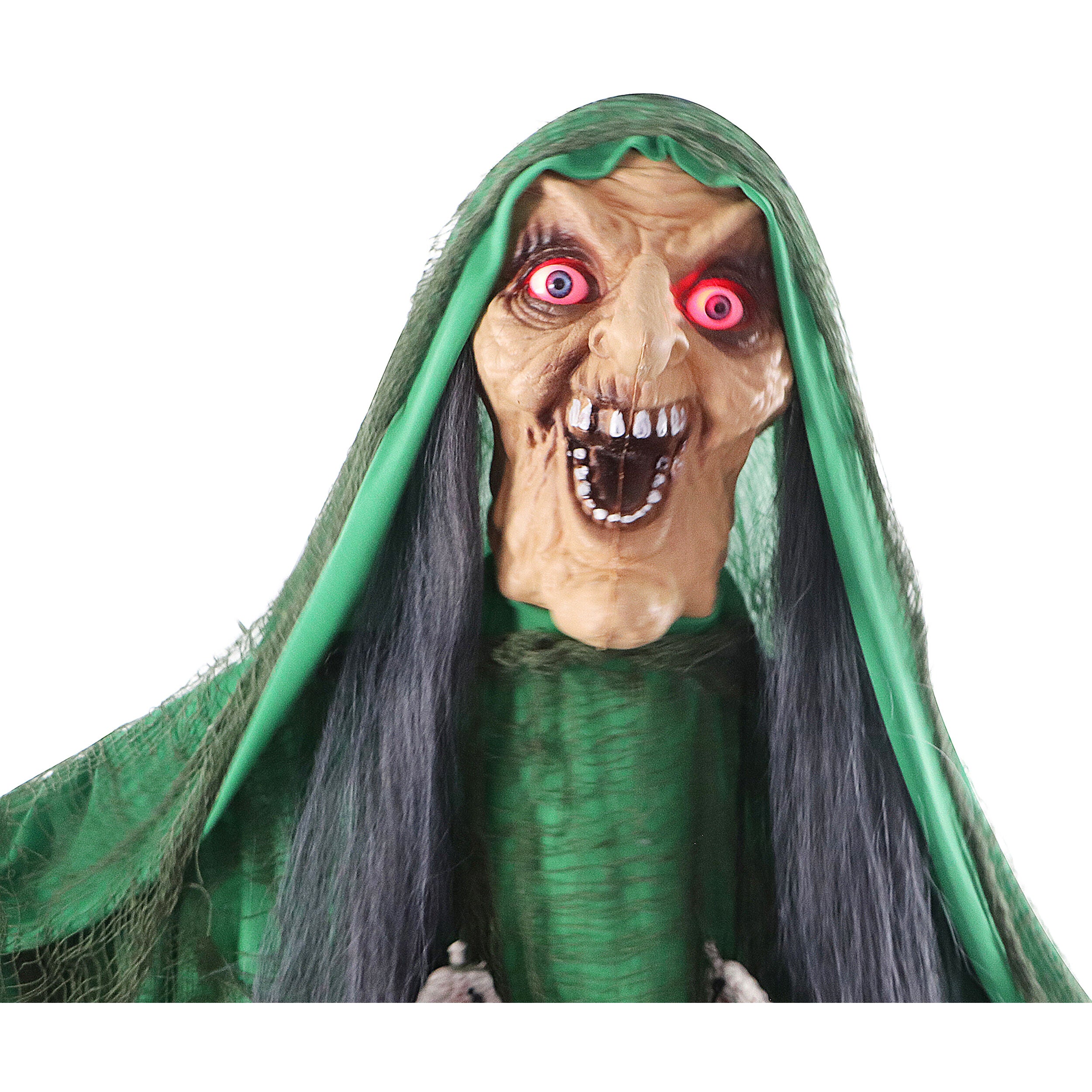 Haunted Hill Farm - Animatronic Shaking, Talking Voodoo Swamp Witch with Shrunken Skull Staff for Scary Halloween Decoration