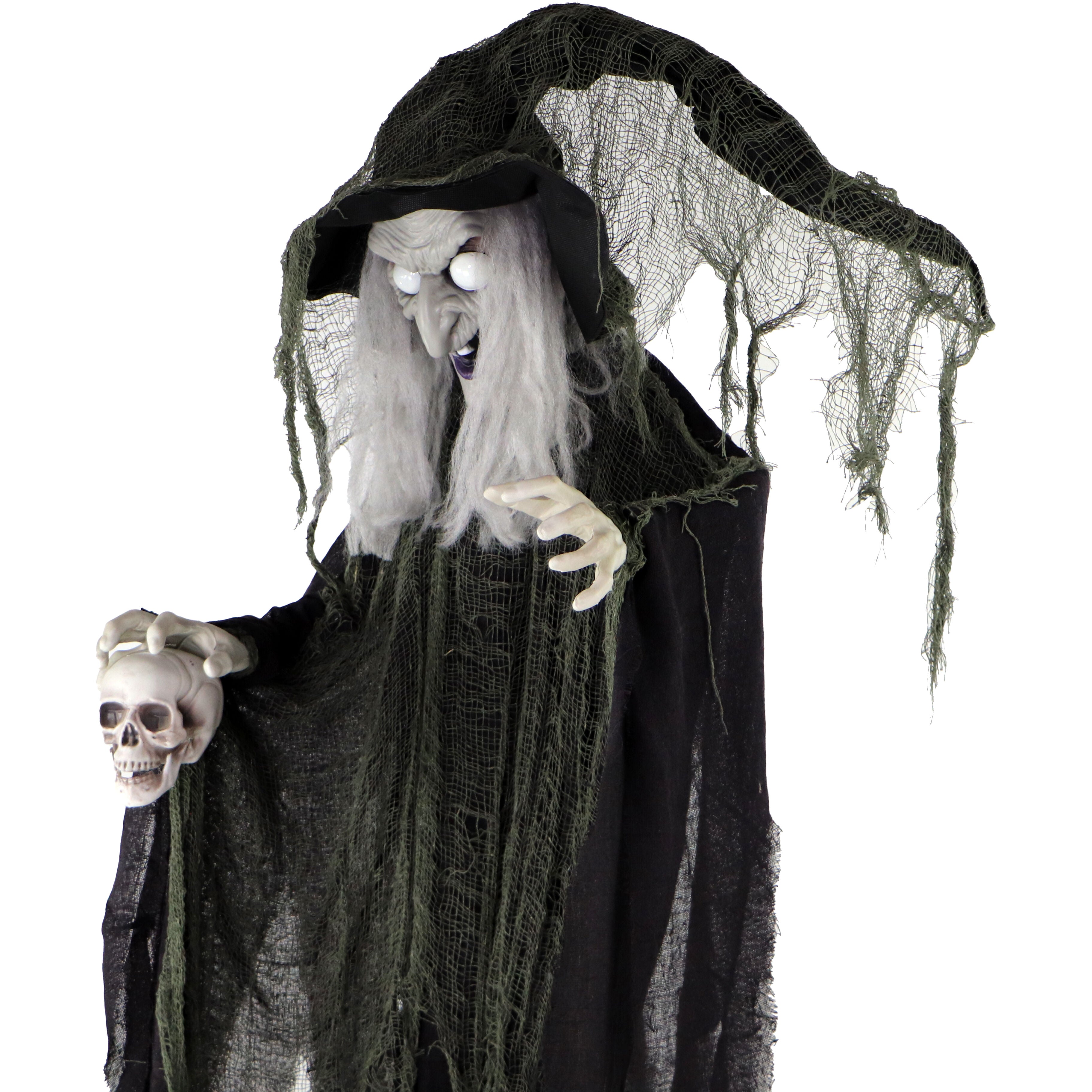 Haunted Hill Farm -  Edith the Talking Animatronic Witch with Shrunken Skull, Indoor or Covered Outdoor Halloween Decoration