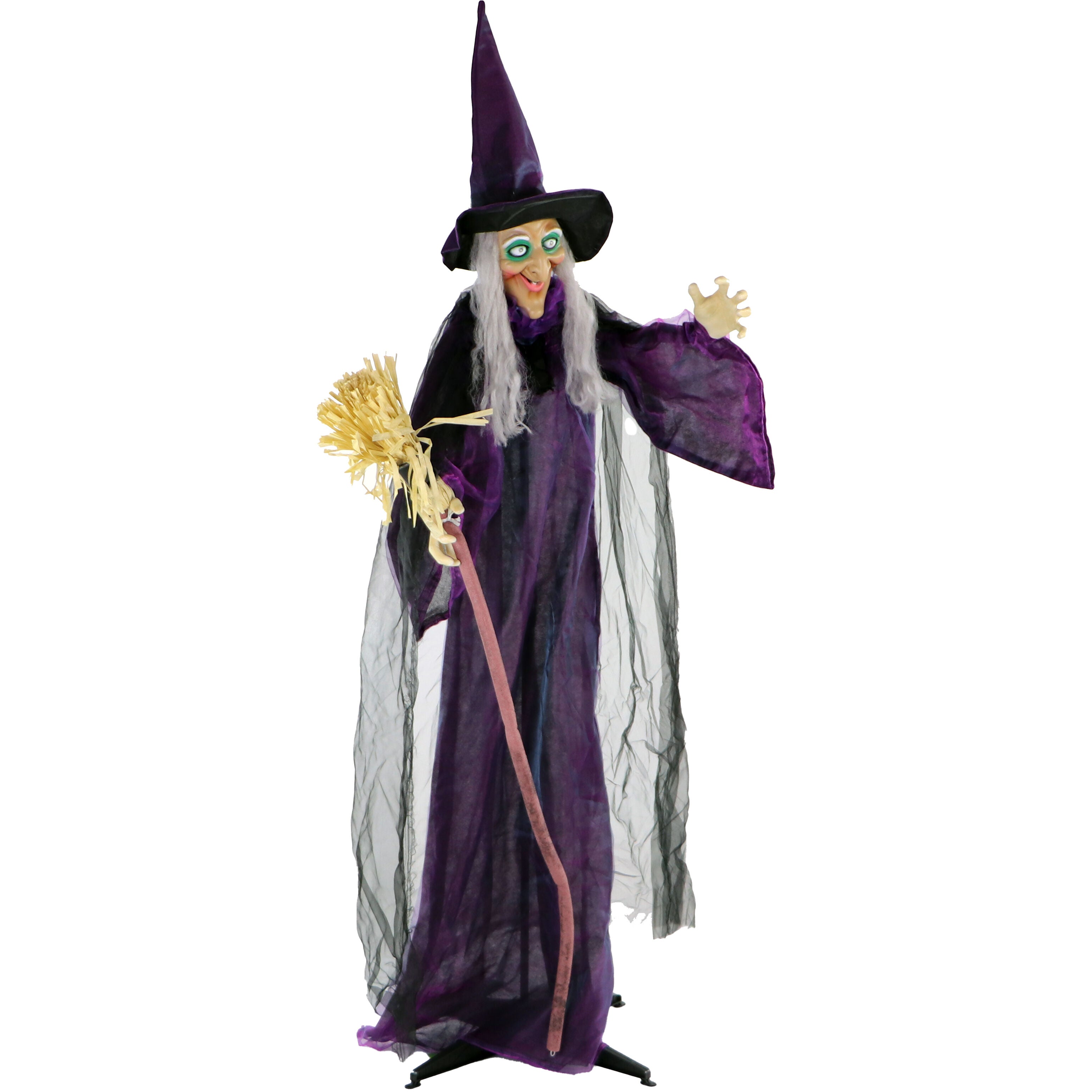 Haunted Hill Farm -  Sinthia the Animatronic Talking Witch with a Broomstick, Indoor or Covered Outdoor Halloween Decoration