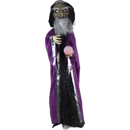 Haunted Hill Farm - Animatronic Talking Wizard with Movement and Light-Up Crystal Ball for Scary Halloween Decoration