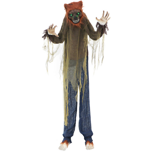 Haunted Hill Farm -  5.2-ft. Standing Wolf, Indoor/Covered Outdoor Halloween Decoration, LED Green Eyes, Poseable, Howler