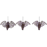 Haunted Hill Farm - Set of 3 Battery-Operated Rattan Bats with Hanging Loops, Purple Lights, and Timer for Modern Farmhouse Halloween Decoration