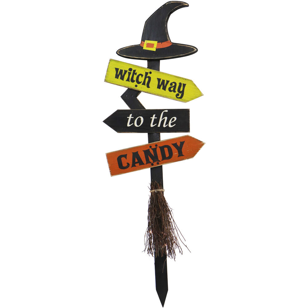 Haunted Hill Farm - 32-In. Witch Way to the Candy Battery-Operated Wood Yard Stake with Lights and Timer for Halloween Decoration