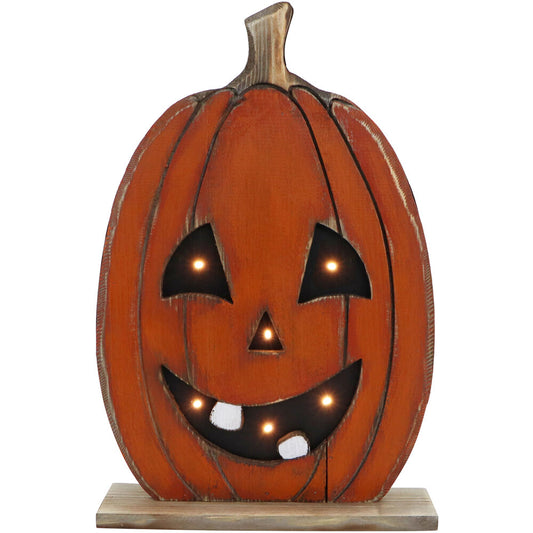 Haunted Hill Farm - 18-In. Tall Pumpkin Battery-Operated Wooden Centerpiece with Lights and Timer for Halloween Tabletop Decoration