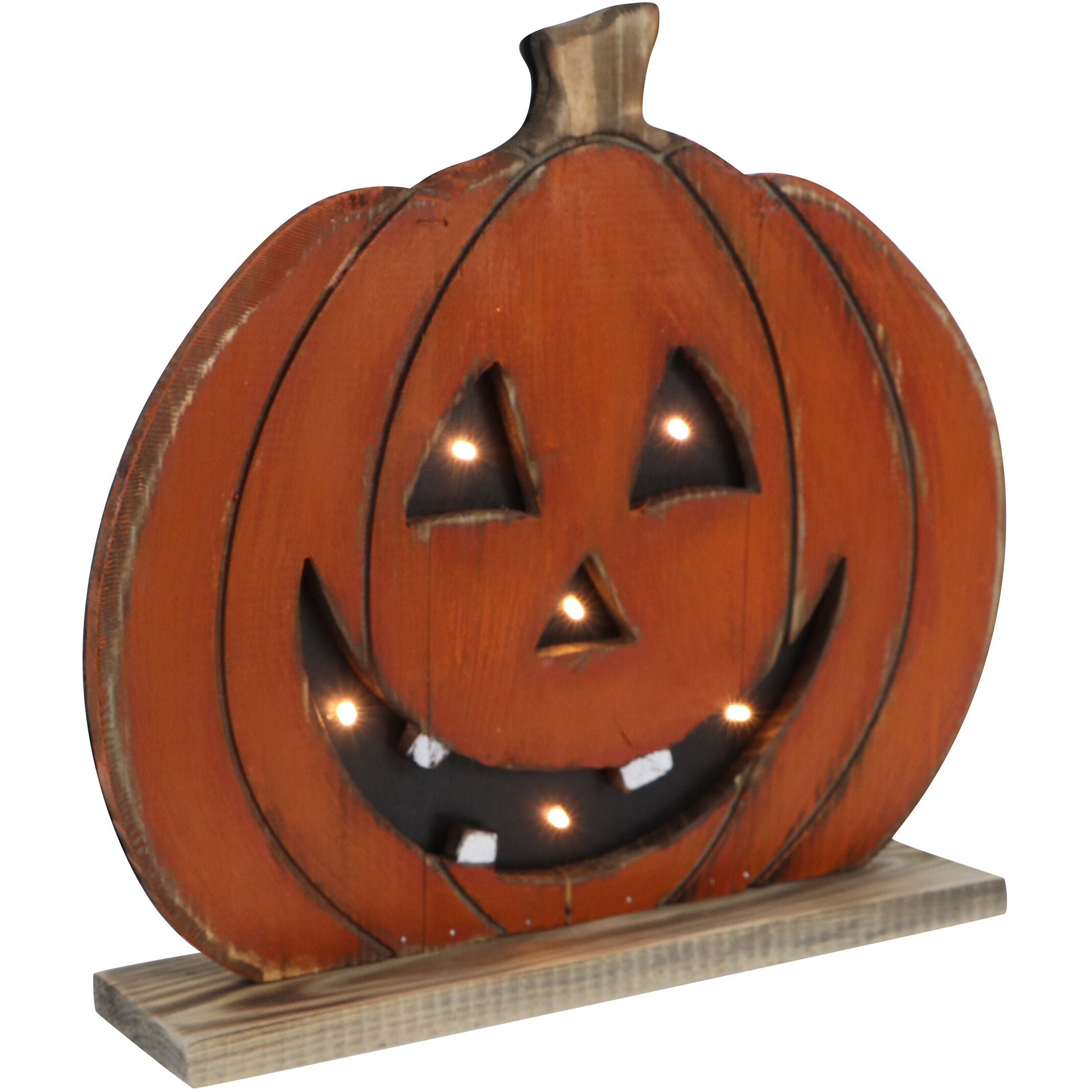 Haunted Hill Farm - 13-In. Short Pumpkin Battery-Operated Wooden Centerpiece with Lights and Timer for Halloween Tabletop Decoration
