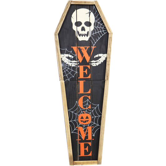 Haunted Hill Farm - 33-In. Wood Coffin Welcome Sign with Folding Storage Hinges for Halloween Hanging Decoration