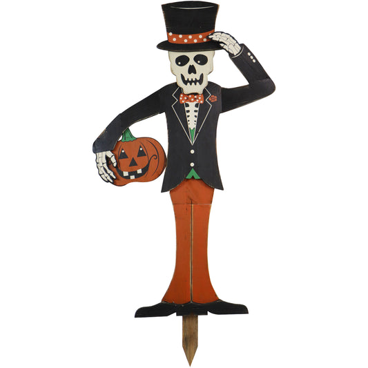 Haunted Hill Farm - 46-In. Skeleton Holding a Carved Pumpkin Wood Yard Stake for Halloween Decoration