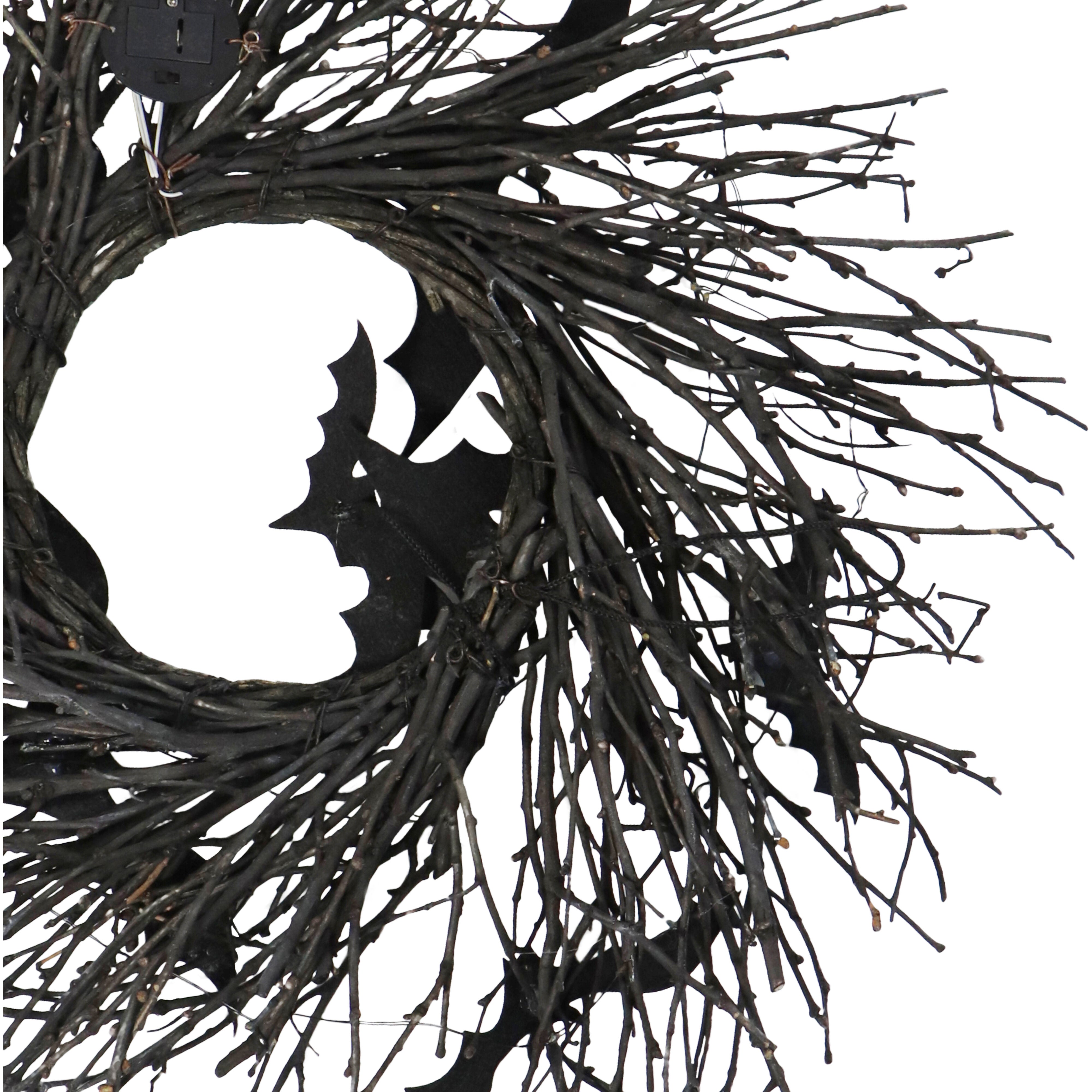 Haunted Hill Farm - 15-In. Black Twig Battery-Operated Wreath with LED Lights and Flying Bats for Halloween Door or Wall Decoration