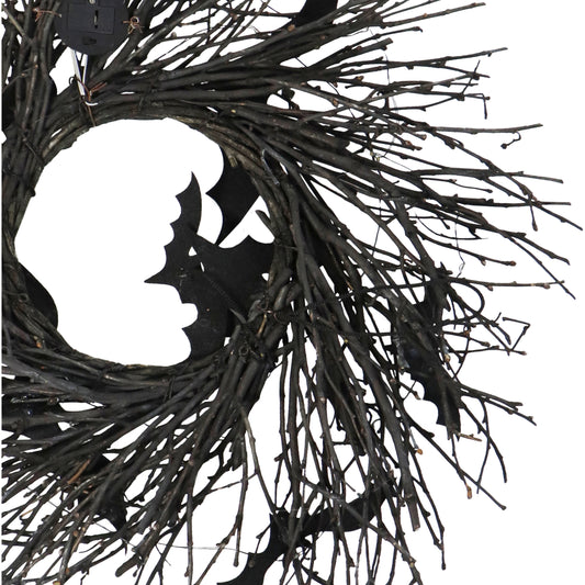 Haunted Hill Farm - 15-In. Black Twig Battery-Operated Wreath with LED Lights and Flying Bats for Halloween Door or Wall Decoration