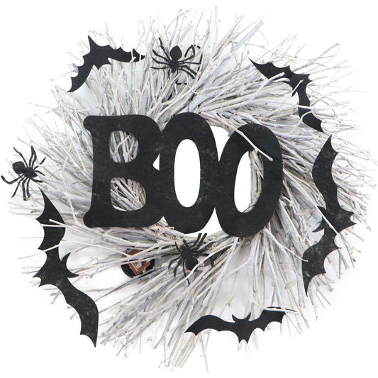 Haunted Hill Farm - 15-In. White Twig Battery-Operated Wreath with LED Lights, Boo Sign, Bats, and Spiders for Halloween Door or Wall Decoration