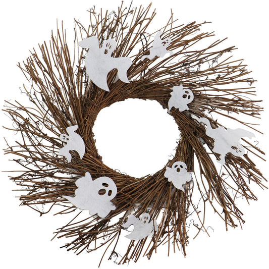 Haunted Hill Farm - 20-In. Battery-Operated Natural Twig Wreath with LED Lights and Spooky Ghosts for Halloween Door or Wall Decoration