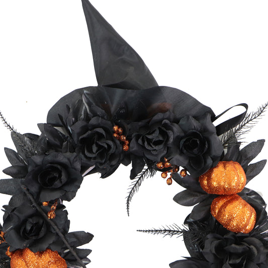 Haunted Hill Farm -  Halloween Black and Orange Floral Wreath with Pumpkins, Witch's Hat, Broom, and Legs for Haunted House Decoration