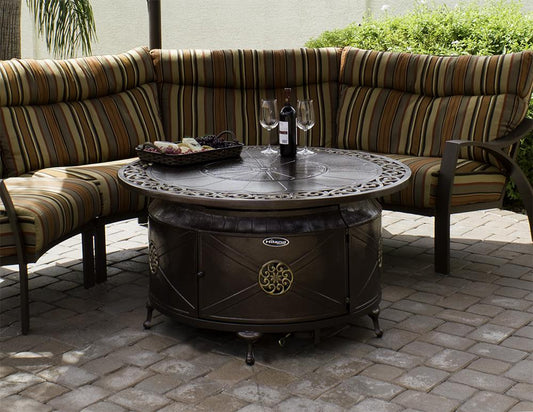 Hiland Fire Pits Hiland Patio Heaters Outdoor Round Aluminum Propane Fire Pit with Scroll Design