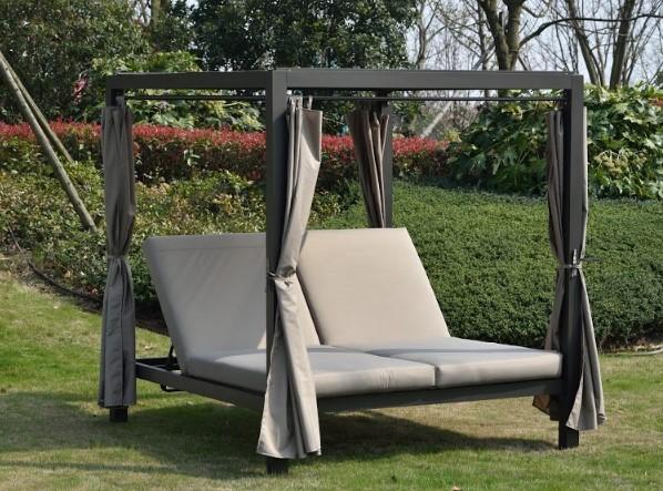 HomeRoots Furniture Day Bed Gray Gray Outdoor Steel Metal Adjustable Day Bed with Canopy and Taupe Cushions