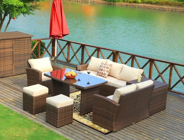 HomeRoots Furniture Outdoor Dining Set Brown 7-Piece Steel Outdoor Sectional Sofa Set with Ottomans and Storage Box