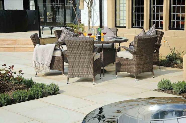 HomeRoots Furniture Outdoor Dining Set Brown 7-Piece Wicker Outdoor Dining Set with Washed Cushion Round Table