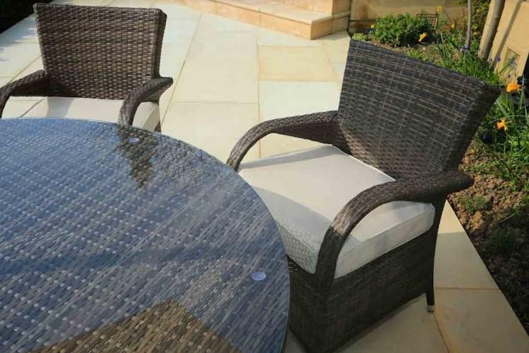 HomeRoots Furniture Outdoor Dining Set Brown 7-Piece Wicker Outdoor Dining Set with Washed Cushion Round Table